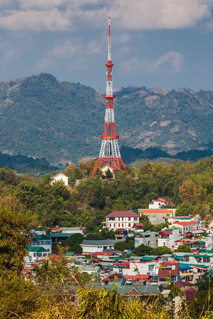 Vietnam, Dien Bien Phu. Communications mast shaped like the Eiffel Tower