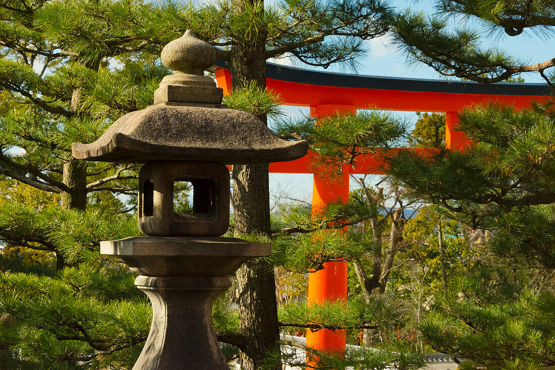 Steinlaterne und Torii-Tor im Fushimi-Inari-Schrein, Kyoto, Japan