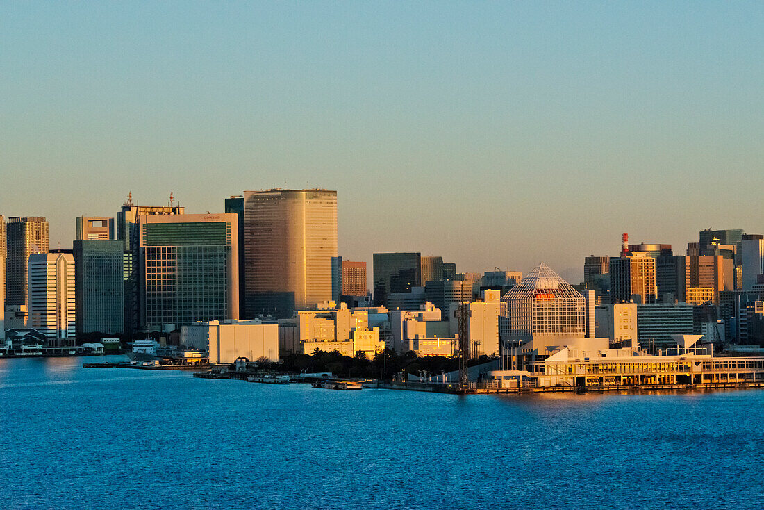 High-rises along the waterfront in Tokyo Harbor at dawn, Tokyo, Japan