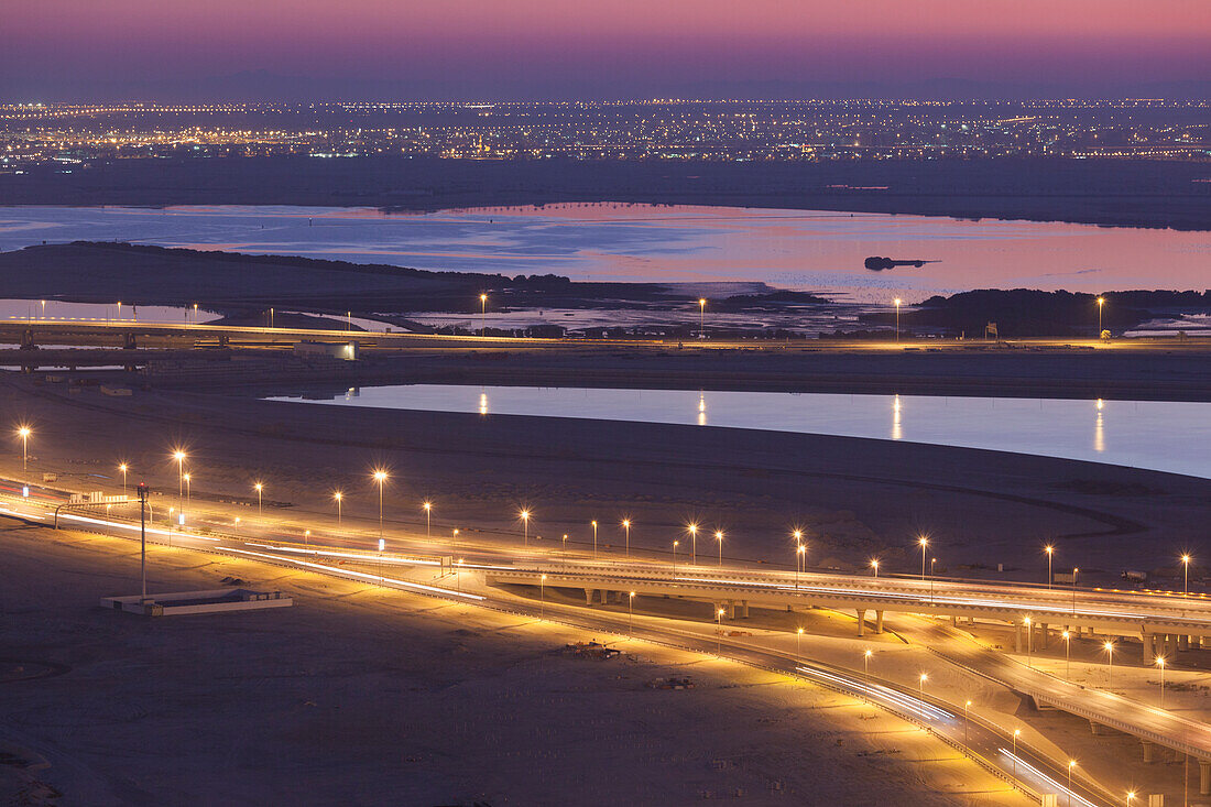 UAE, Downtown Dubai. Elevated desert and highway view towards Ras Al Khor