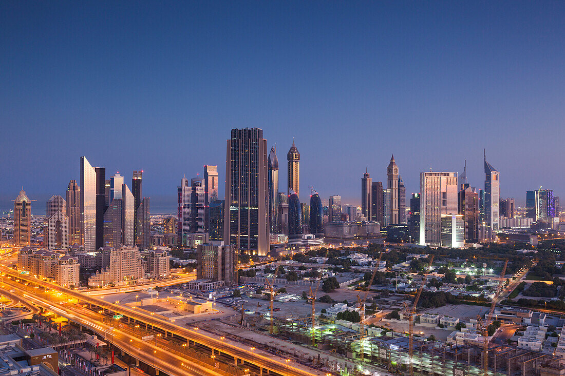 UAE, Downtown Dubai. Elevated view of skyscrapers on Sheikh Zayed Road from downtown