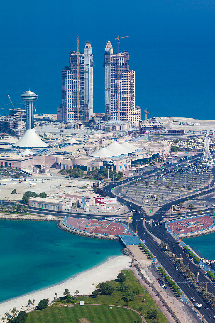 UAE, Abu Dhabi. Marina Village and Arabian Gulf, aerial view