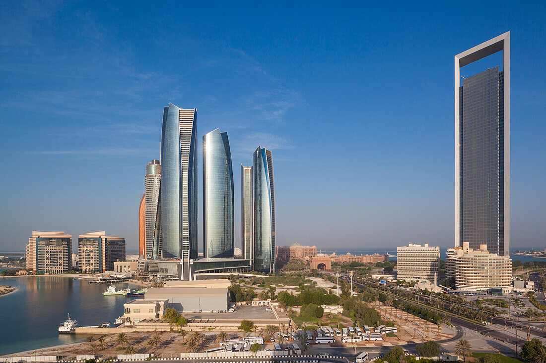UAE, Abu Dhabi. Etihad Towers and ADNOC Tower