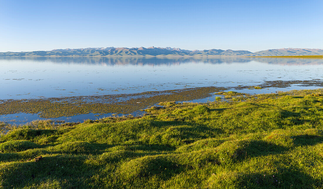 Landscape at lake Song Kol (Son Kul, Songkol, Song-Koel). Tien Shan mountains or heavenly mountains in Kirghizia, Kyrgyzstan