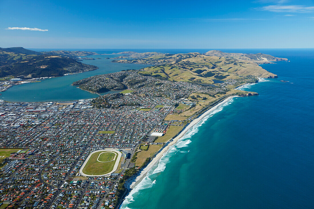 St. Clair und St. Kilda Beaches, Otago Harbor und Otago Peninsula, Dunedin, Otago, Südinsel, Neuseeland, Luftaufnahme