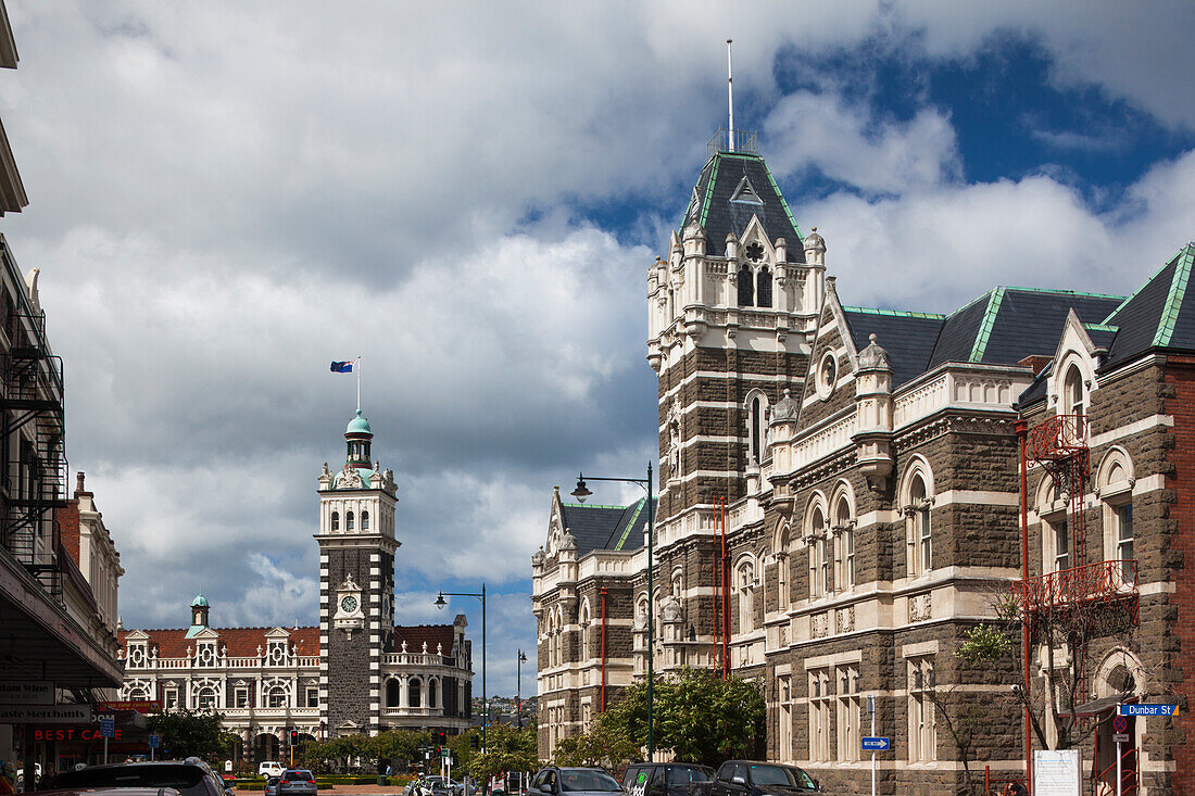 New Zealand, South Island, Otago, Dunedin, Railway Station and Dunedin High Courts building, Stuart Street