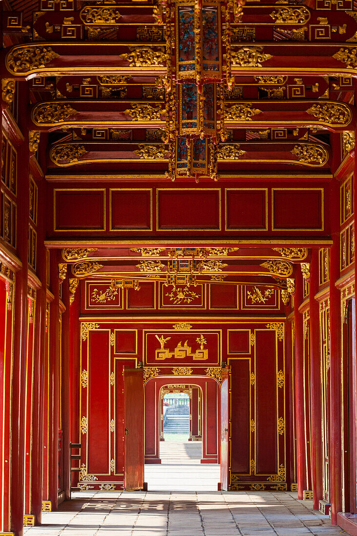 Vietnam, Hue Imperial City. Halls of the Mandarins, red-painted interior