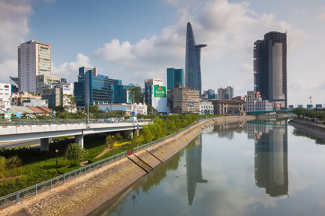 Vietnam, Ho Chi Minh City. City view with Bitexco Tower along the Ben Nghe Canal