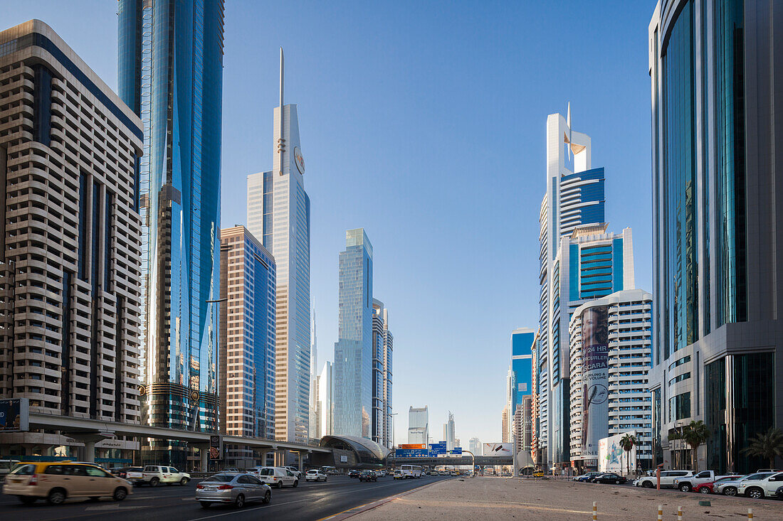 UAE, Downtown Dubai. High-rise buildings along Sheikh Zayed Road
