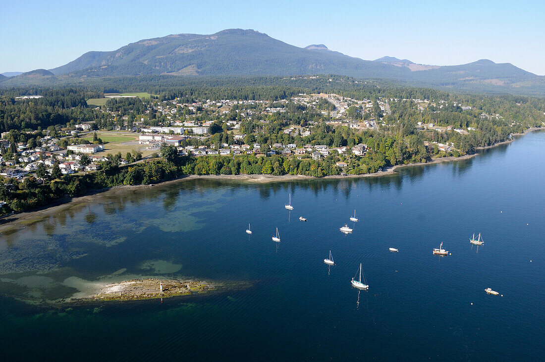 Canada, British Columbia. Aerial photograph of the boat anchorage near Bird Rock in Chemainus
