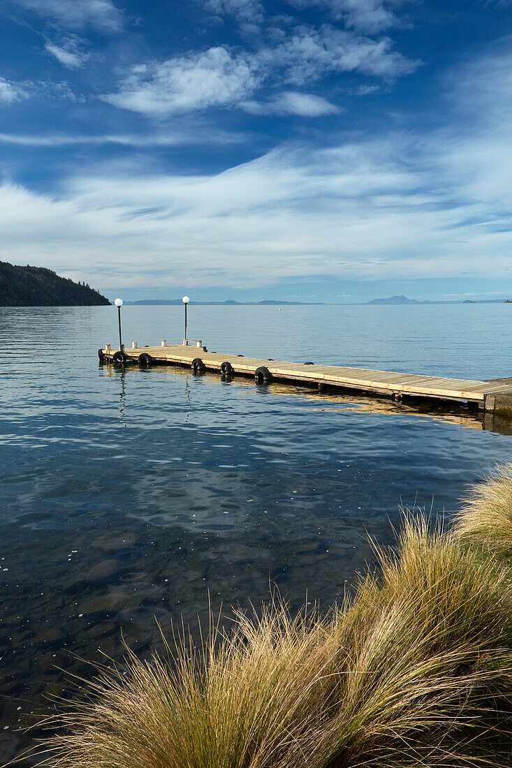 Jetty and Lake Taupo, Braxmere, Tokaanu, near Turangi, North Island, New Zealand