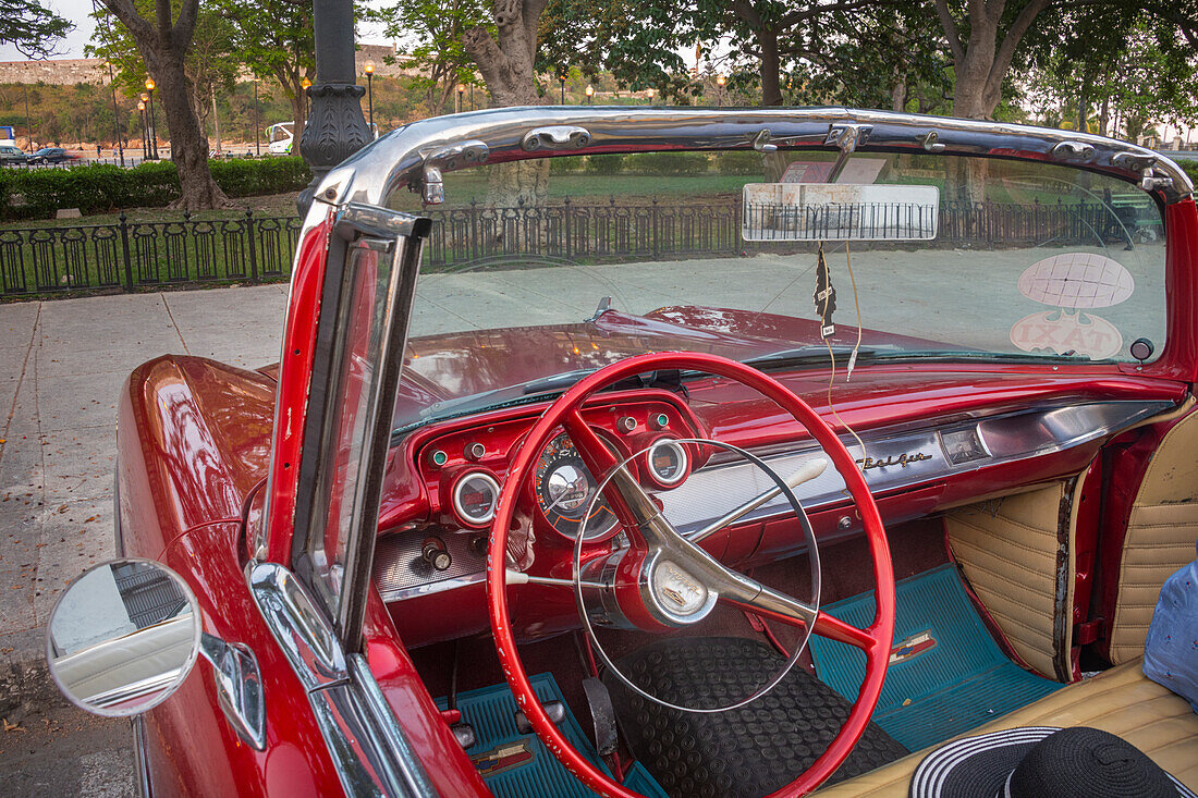 Interior view of red 57 Chevrolet Bel Air convertible in Habana, Havana, Cuba