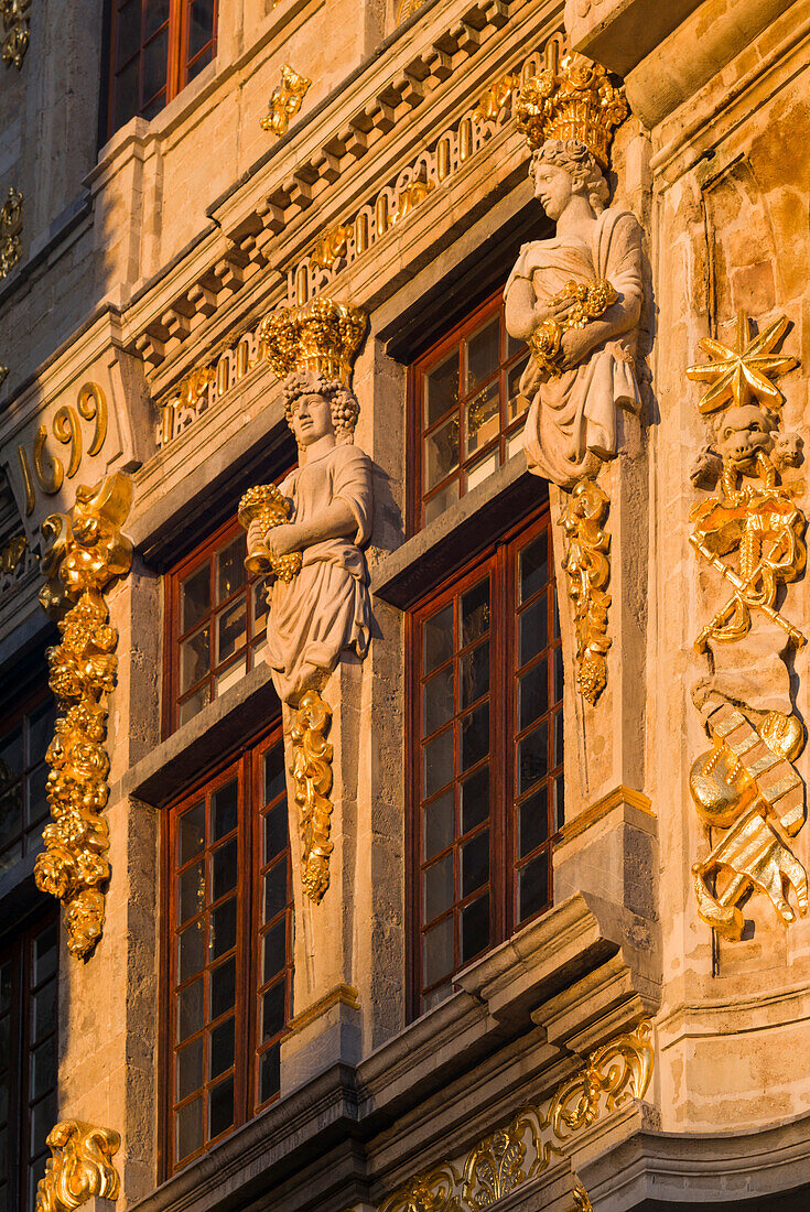 Belgium, Brussels. Grand Place, Guild Hall detail