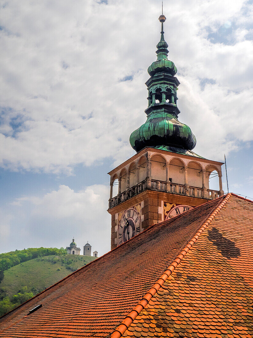 Czech Republic, South Moravia, Mikulov. The church Tower and steeple of St. Wenceslas