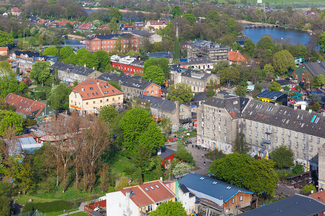 Denmark, Zealand, Copenhagen, Christiania, alternative lifestyles neighborhood, elevated view