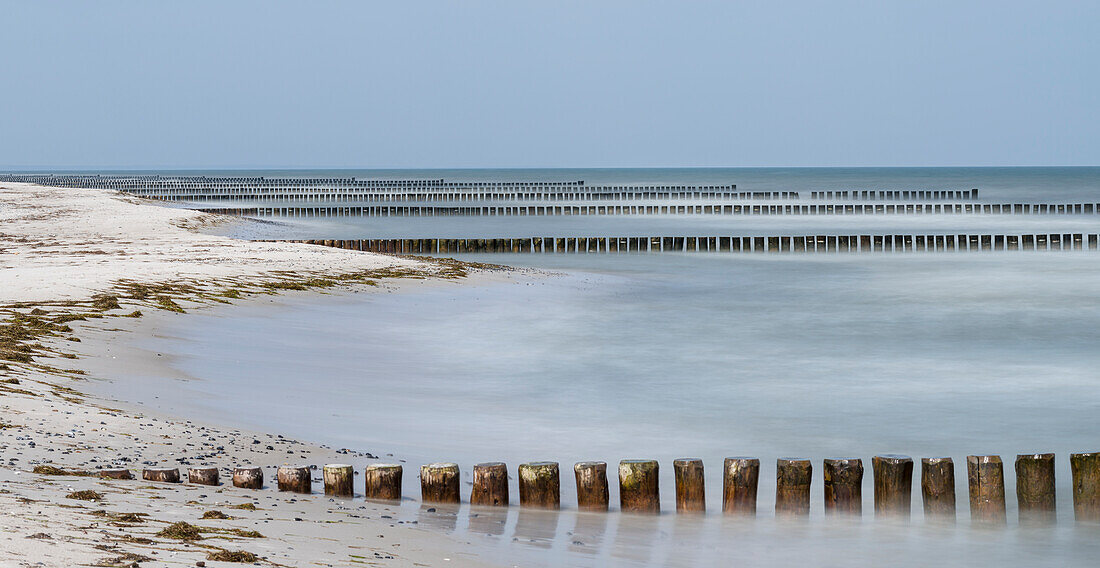 Groynes are protecting the coast outside the full protected Wilderness Area in the Western Pomerania Lagoon Area. Germany