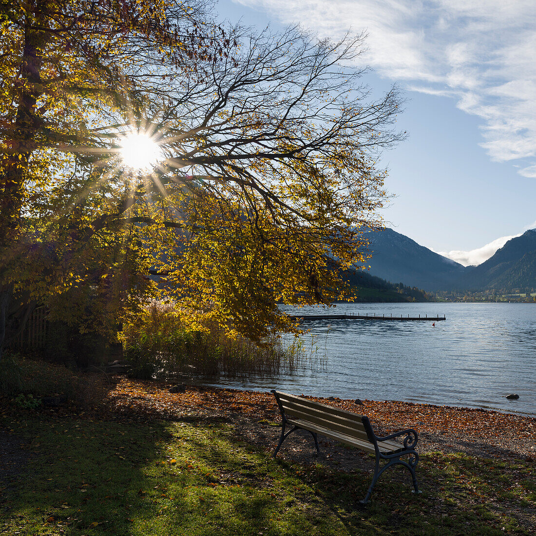 Sunrise at lake and village Schliersee in the Bavarian Alps during autumn, Bavaria, Germany