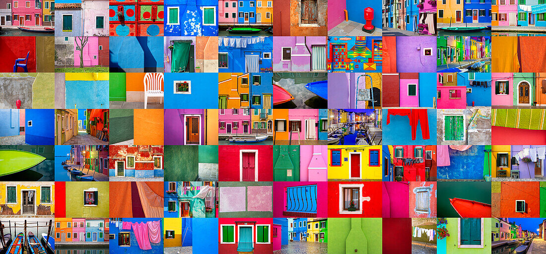 Italy, Burano. Collage of colorful Burano images