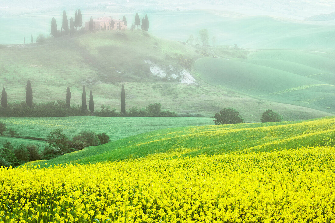 Europe, Italy, Tuscany. The Belvedere villa landmark and farmland