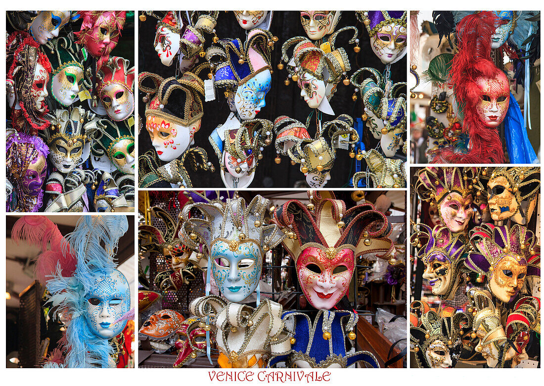 Ein Plakat mit Karnevalsmasken in Schaufenstern und an Ständen im Freien in ganz Venedig