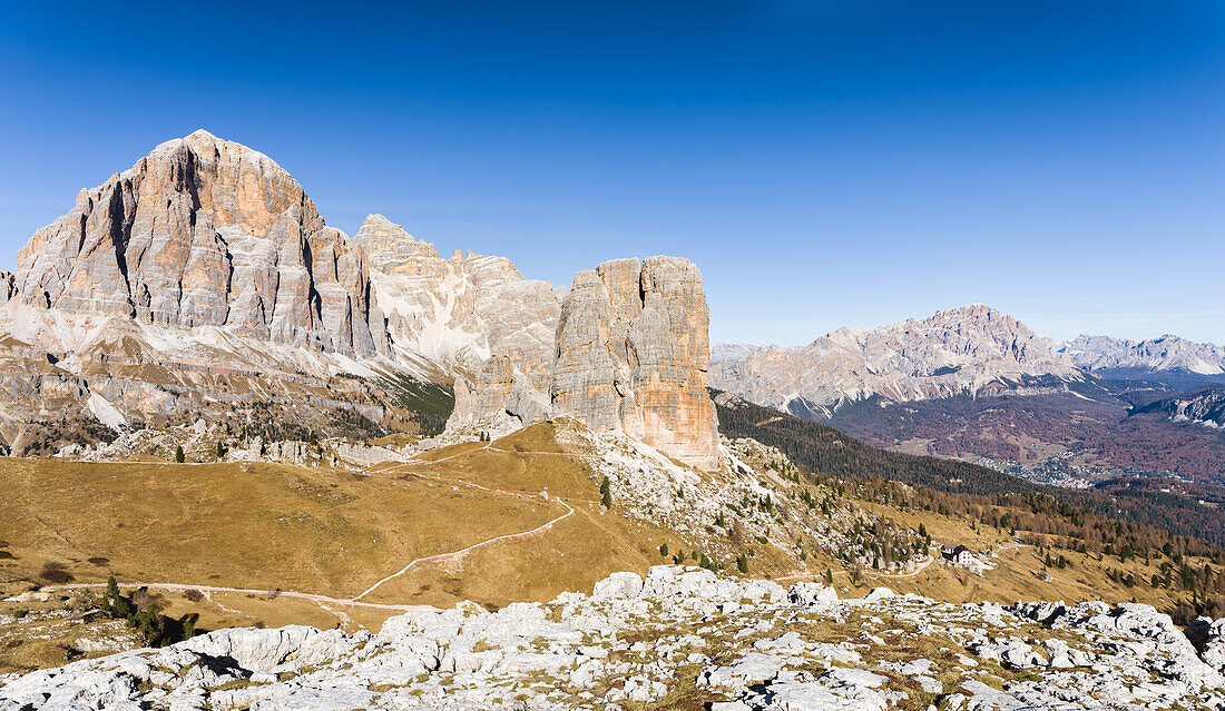 The peaks of Mount Tofane and the Cinque Torri (foreground) in the Dolomites of Cortina d'Ampezzo. The Dolomites are listed as UNESCO World Heritage. (Large format sizes available)