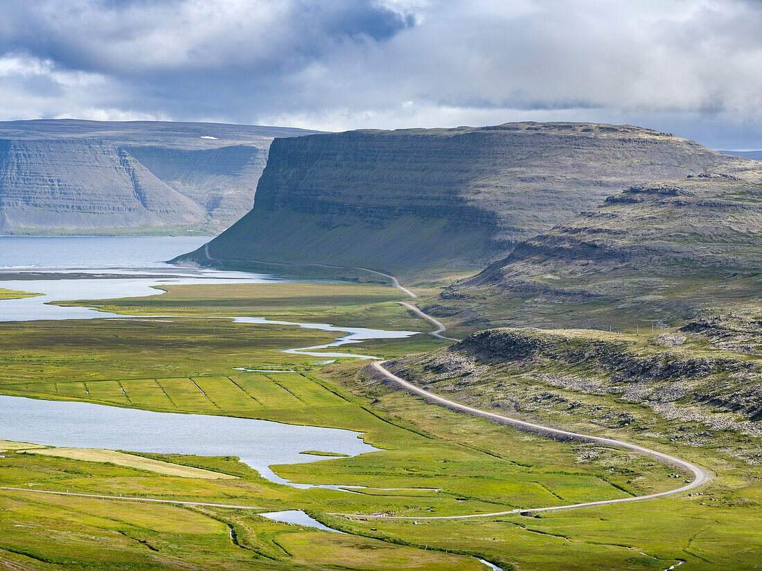Landscape near Hnjotur at Patreksfjordur Fjord. The remote Westfjords (Vestfirdir) in northwest Iceland.
