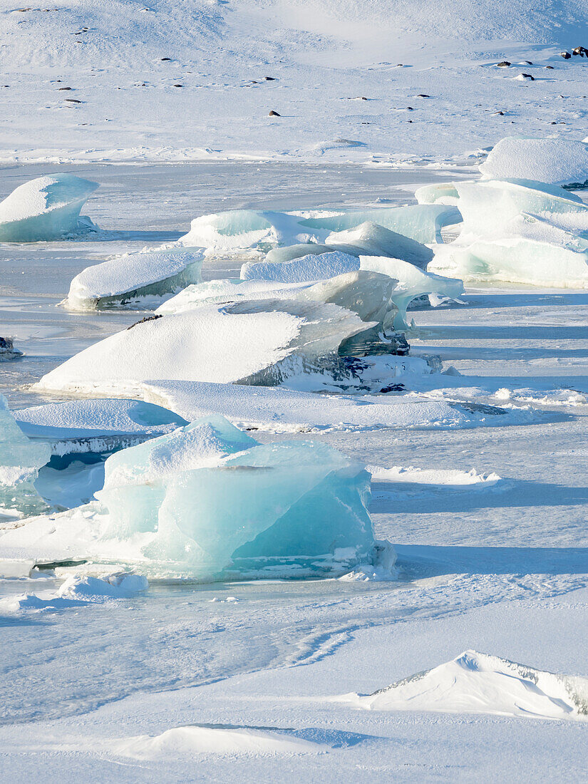 Gefrorener Gletschersee Fjallsarlon im Vatnajokull-Nationalpark während des Winters. Island.