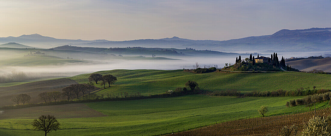 Morgendämmerung über dem Belvedere und der toskanischen Landschaft bei San Quirico d'Orcia, Toskana, Italien (Großformat verfügbar)