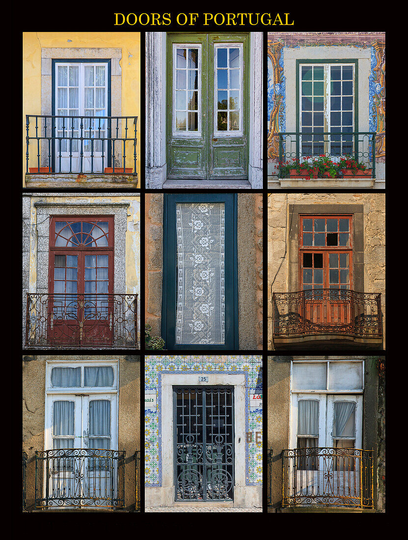 A poster featuring nine different doors of interest shot through Portugal.