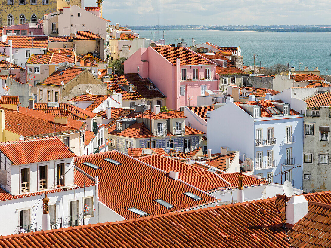 View over the sea of houses of the Alfama, the old town dating back to Moorish times. Lisbon (Lisboa) the capital of Portugal.