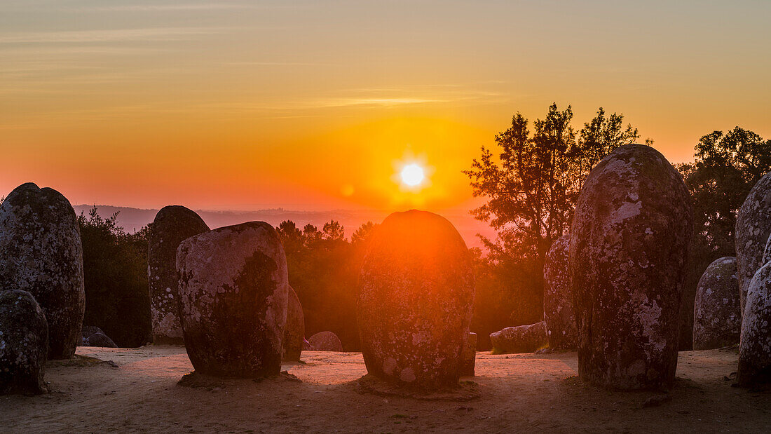 Almendres Cromlech (Cromeleque dos Almendres), an oval stone circle dating back to the late Neolithic or early Copper Age. Portugal