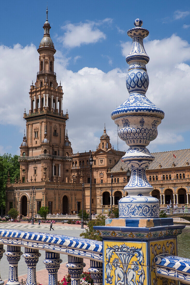 Spain, Andalusia, Seville. The elaborately and traditionally decorated Plaza de Espana, built for the 1929 Ibero-American Exposition.