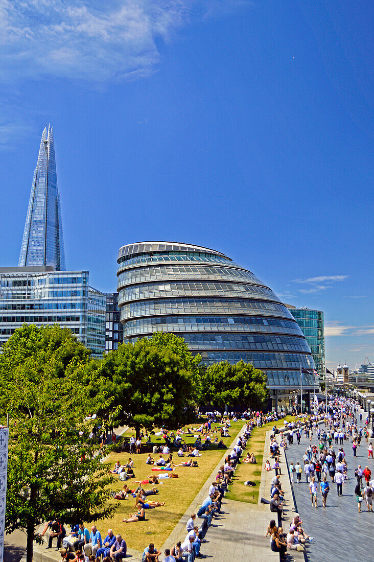 Europe, United Kingdom, England, London, Southwark. View of City Hall, More London Riverside and the Shard along the River Thames