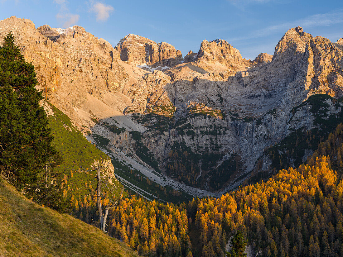 Peaks of Dolomiti di Brenta high above Val d'Agola Dolomiti di Brenta, part of UNESCO World Heritage Site. Italy, Trentino.