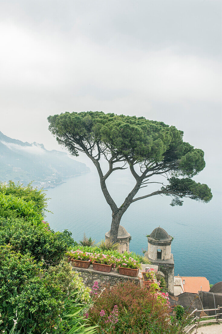 Italy, Amalfi Coast, Ravello, View of Coastline from Villa Rufolo