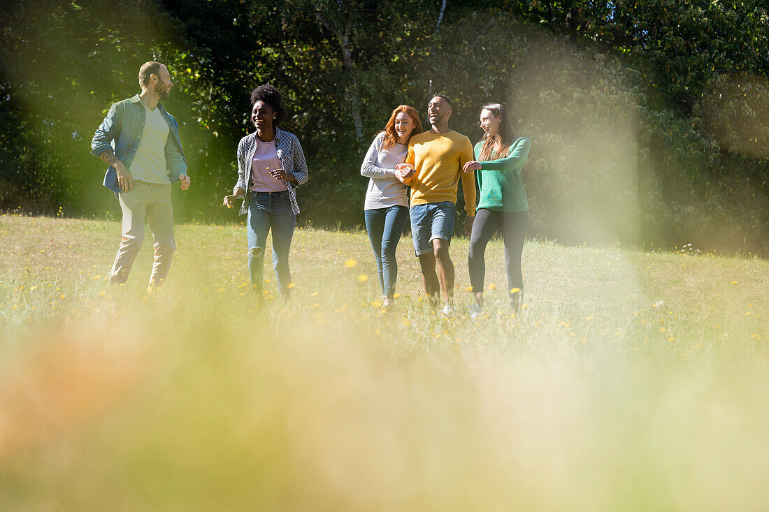 Fröhliche junge Freunde, die Spaß haben, während sie zusammen im Park rennen