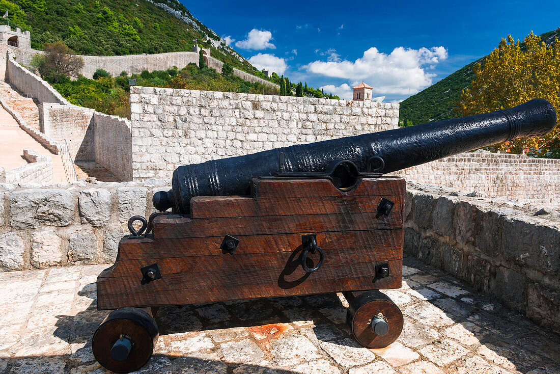 Kanone auf der Großen Mauer, Ston, Dalmatinische Küste, Kroatien