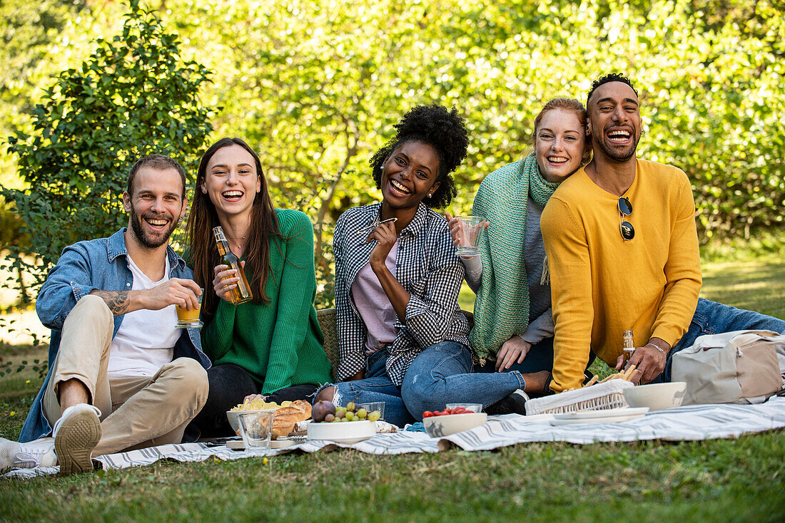 Porträt lächelnder junger Freunde beim Picknick in einem öffentlichen Park