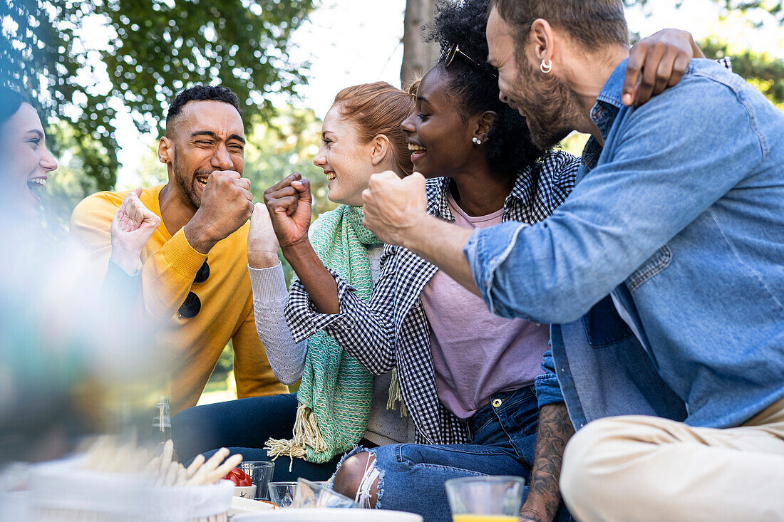 Happy young friends clenching fists while sitting in park