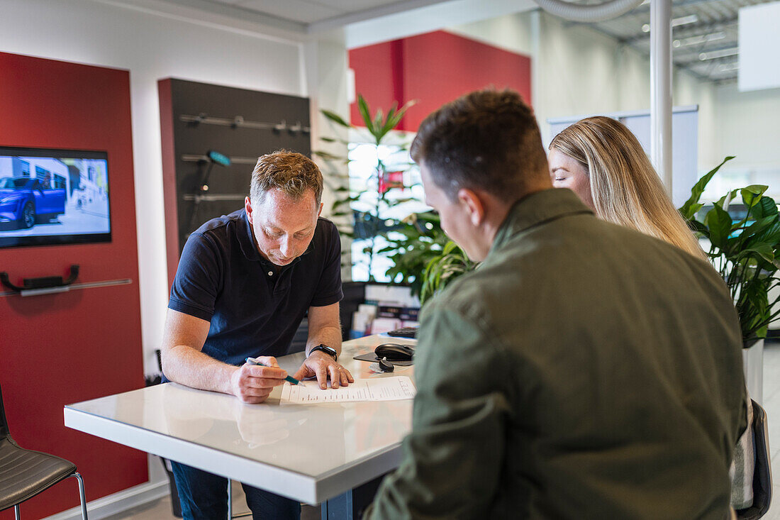 Customers in car dealership office