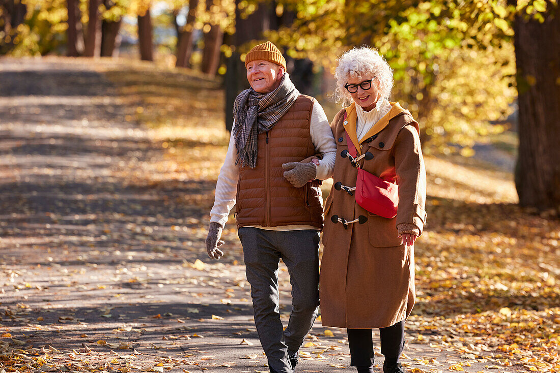 Älteres Paar beim Spaziergang im Herbstpark