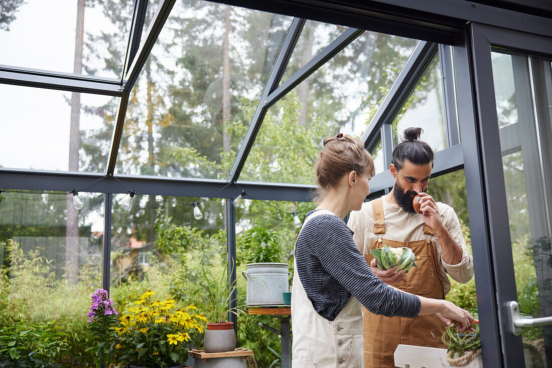 Smiling couple in greenhouse