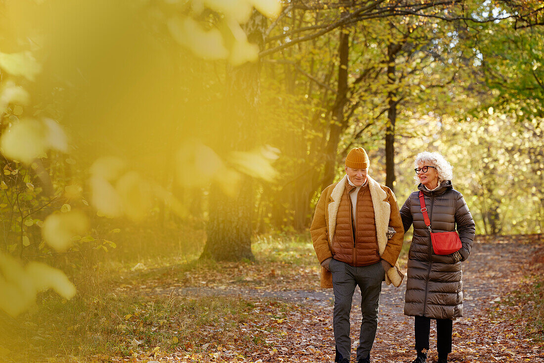 Senior couple walking in autumn park