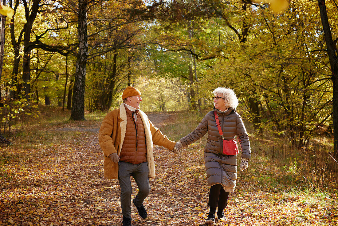 Senior couple walking in autumn park