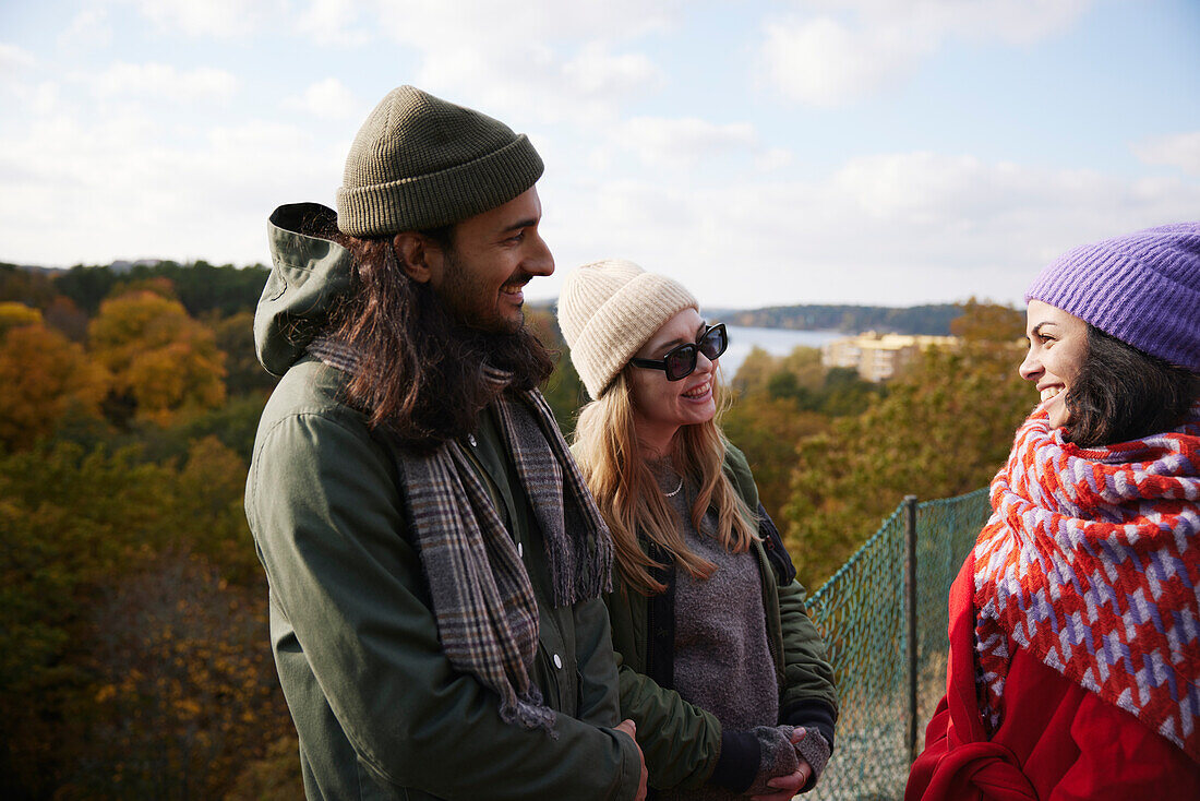 Smiling friends talking together