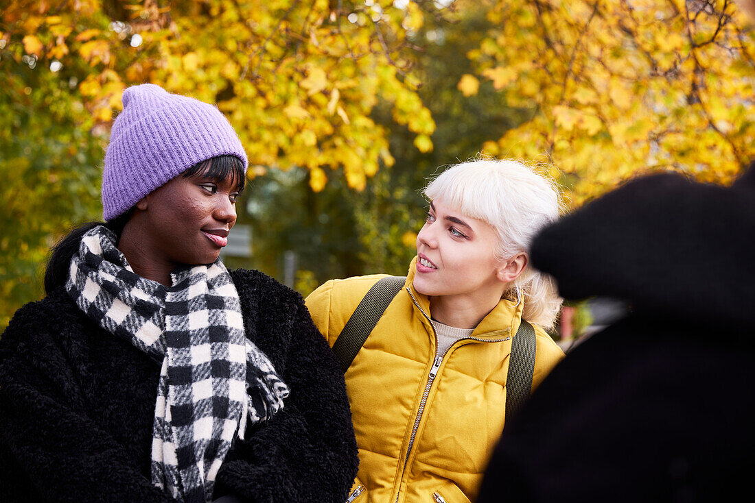 Two friends in park in autumn scenery