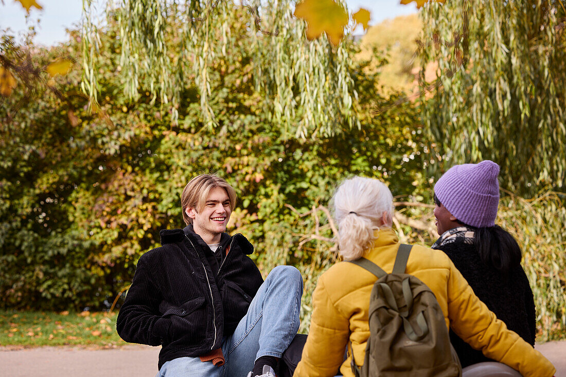 Drei Freunde in einem Park in Herbstlandschaft