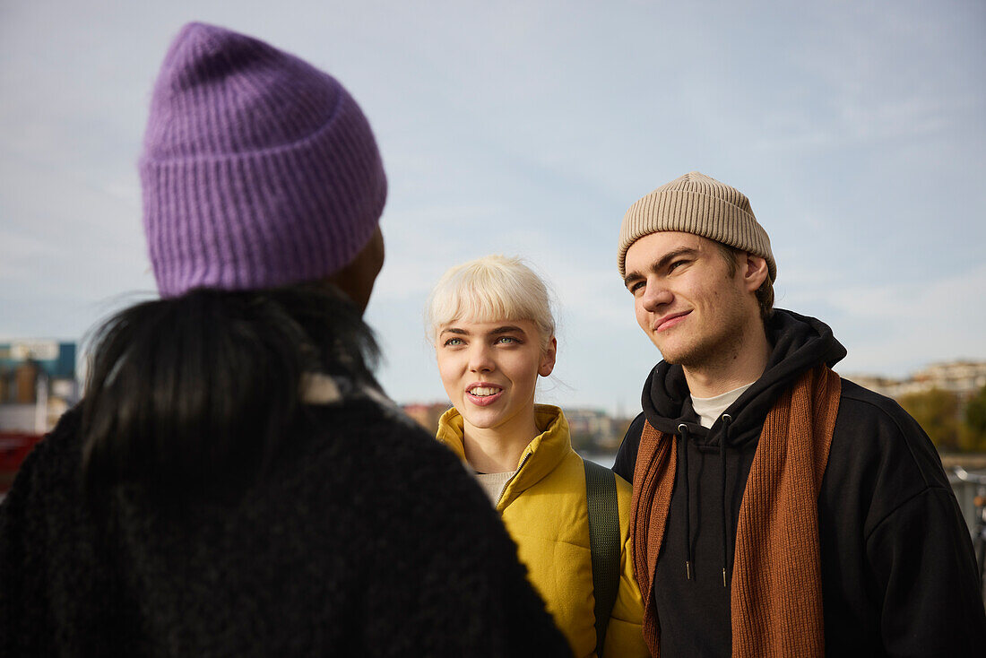 Smiling friends talking together