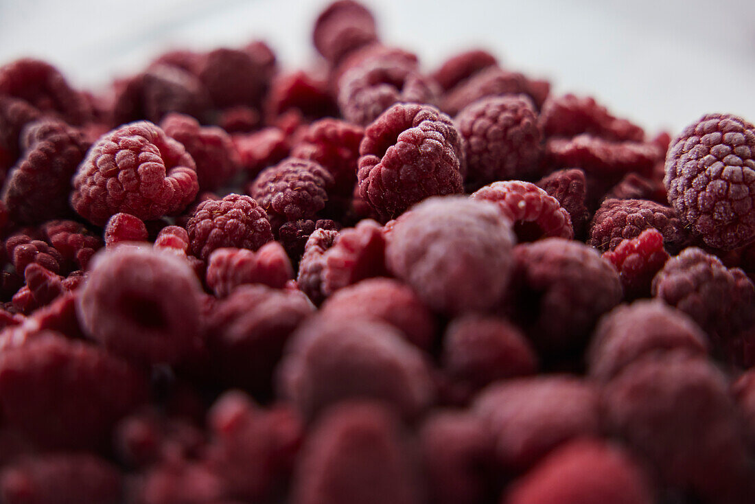 Close-up of pile of raspberries