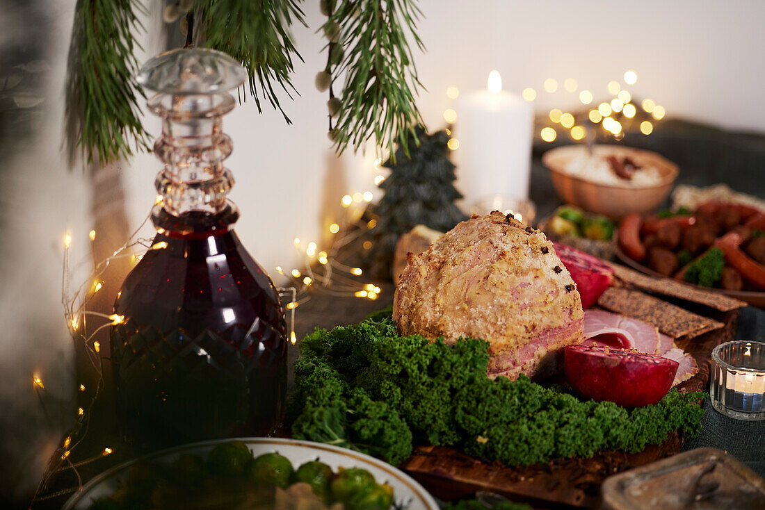 Christmas food and decoration on table